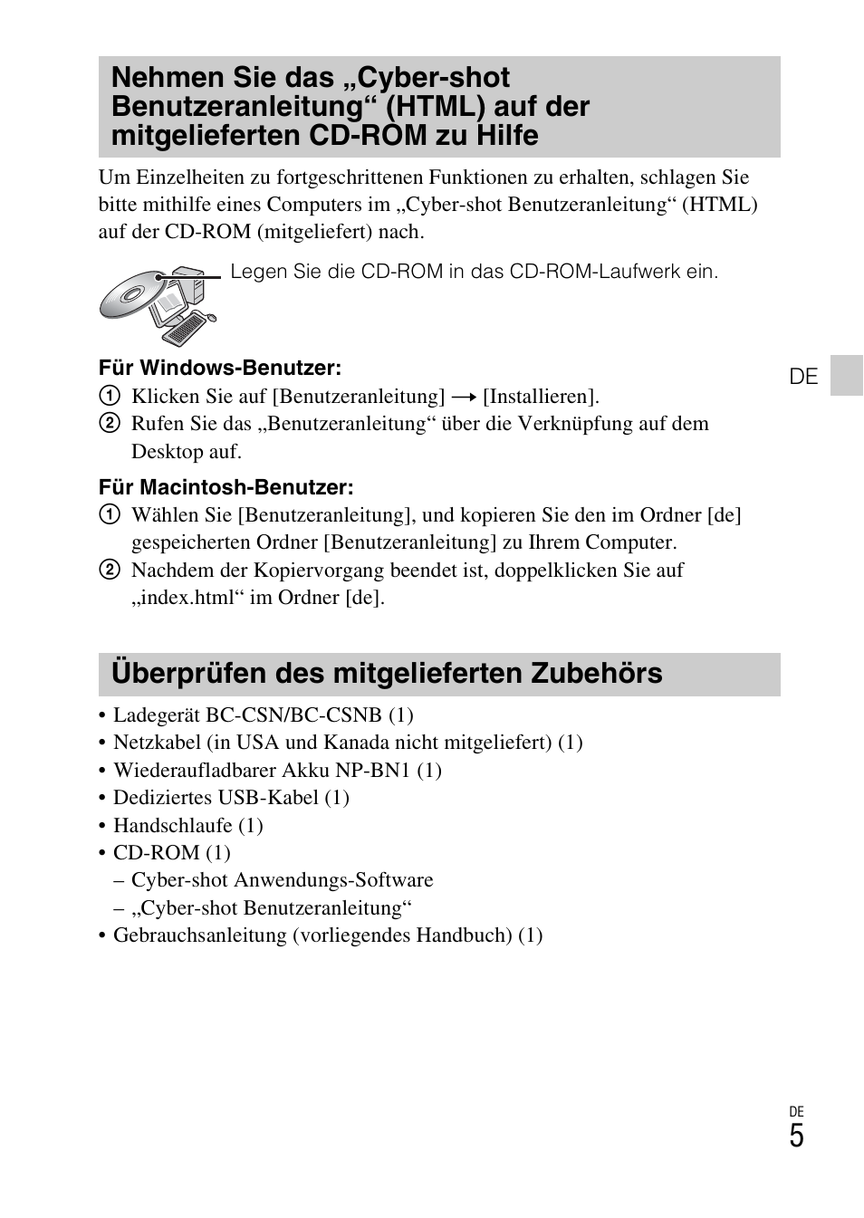 Überprüfen des mitgelieferten zubehörs | Sony DSC-W550 User Manual | Page 117 / 427