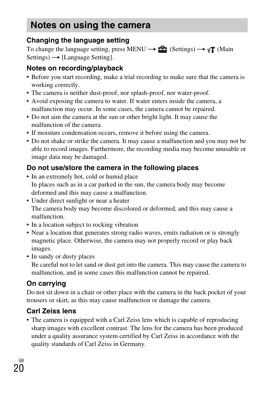 Notes on using the camera | Sony DSC-W550 User Manual | Page 20 / 427