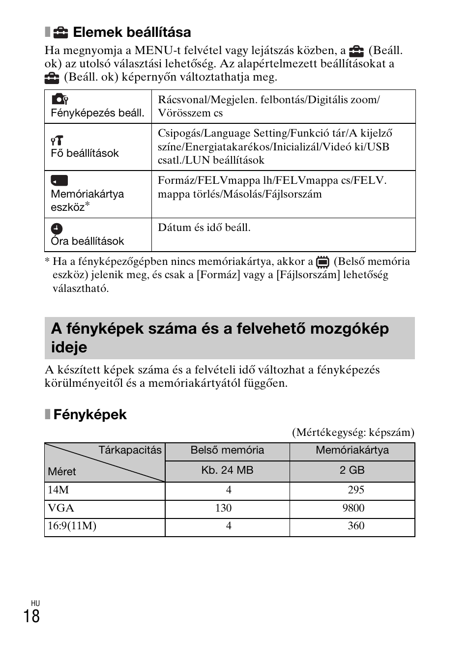 A fényképek száma és a felvehető mozgókép ideje, Elemek beállítása, Xfényképek | Sony DSC-W550 User Manual | Page 220 / 427