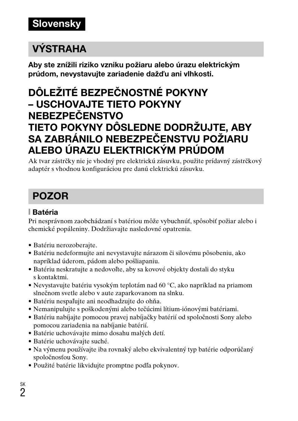 Slovensky, Slovensky výstraha pozor | Sony DSC-W550 User Manual | Page 226 / 427