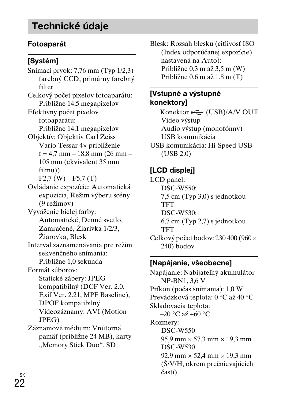 Technické údaje | Sony DSC-W550 User Manual | Page 246 / 427