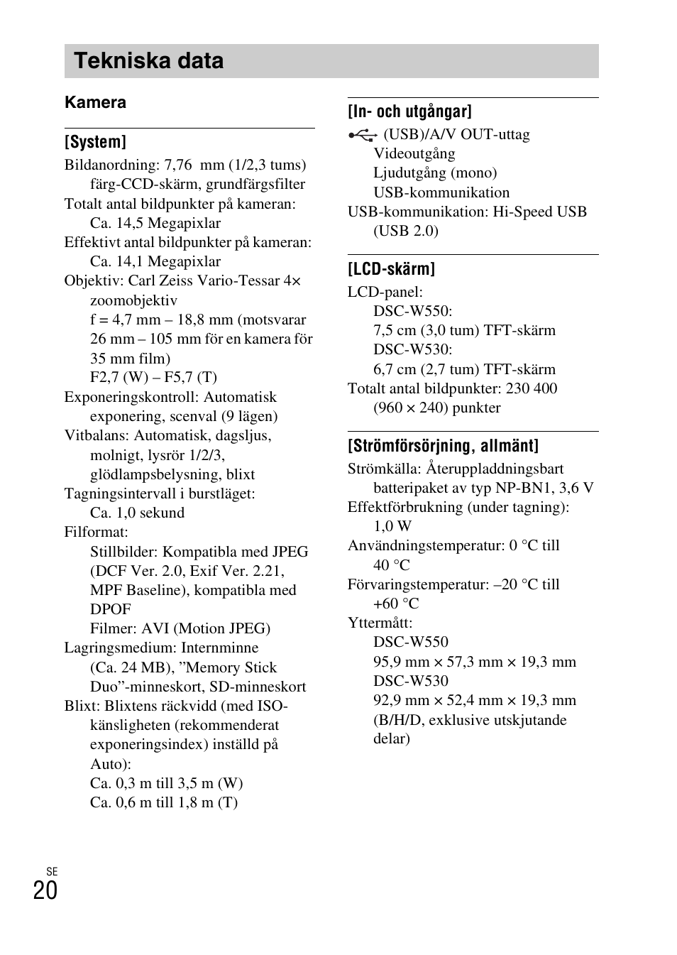 Tekniska data | Sony DSC-W550 User Manual | Page 266 / 427