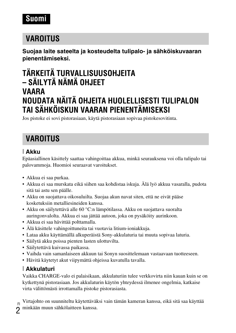 Suomi, Suomi varoitus varoitus | Sony DSC-W550 User Manual | Page 268 / 427