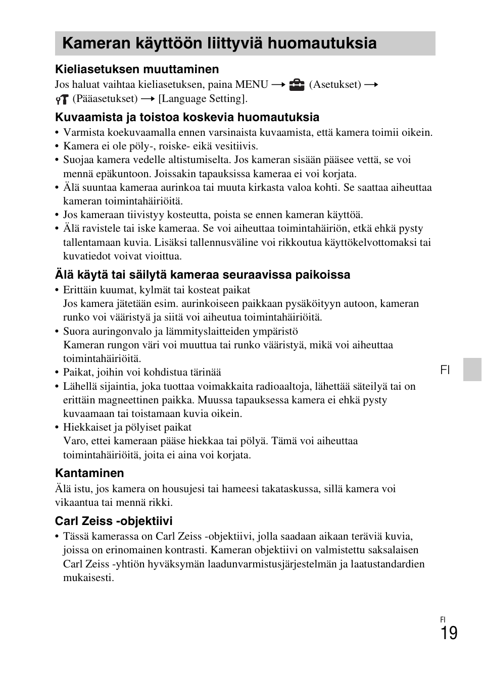 Kameran käyttöön liittyviä huomautuksia | Sony DSC-W550 User Manual | Page 285 / 427