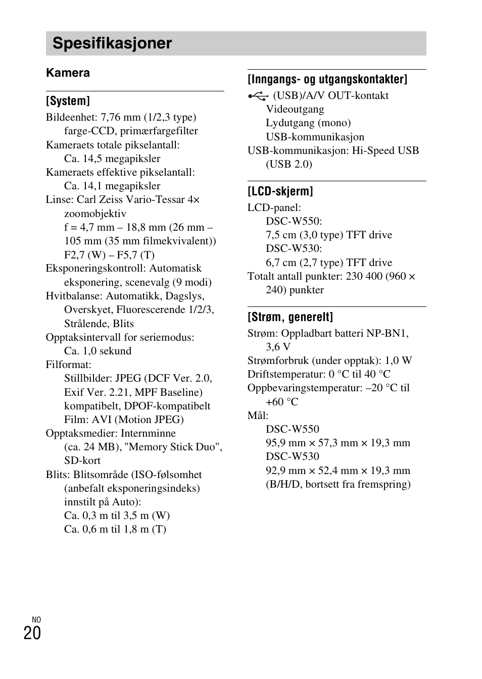 Spesifikasjoner | Sony DSC-W550 User Manual | Page 308 / 427