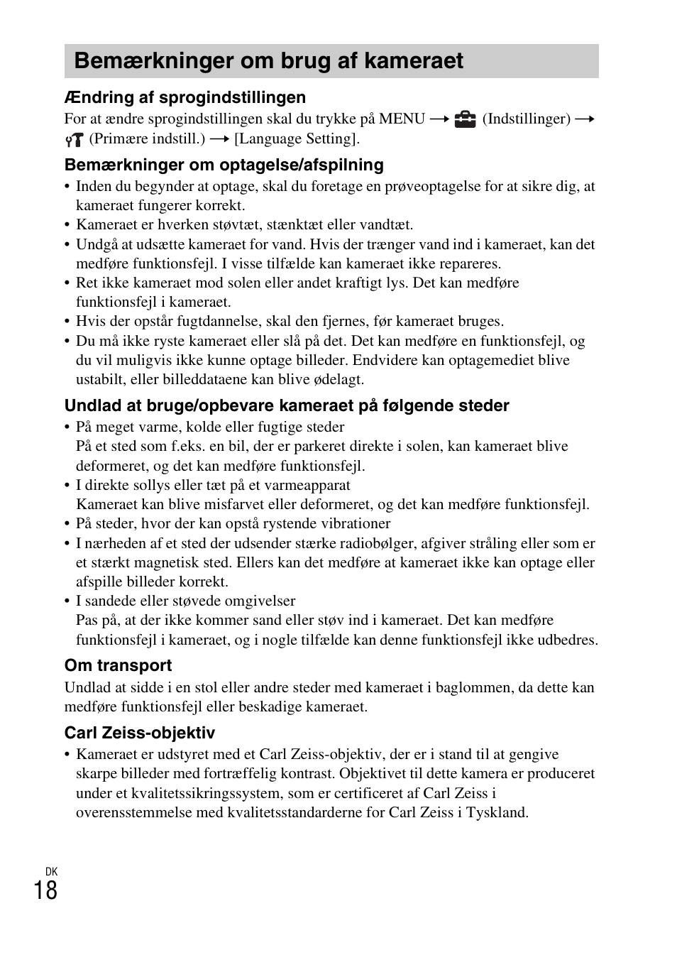 Bemærkninger om brug af kameraet | Sony DSC-W550 User Manual | Page 326 / 427