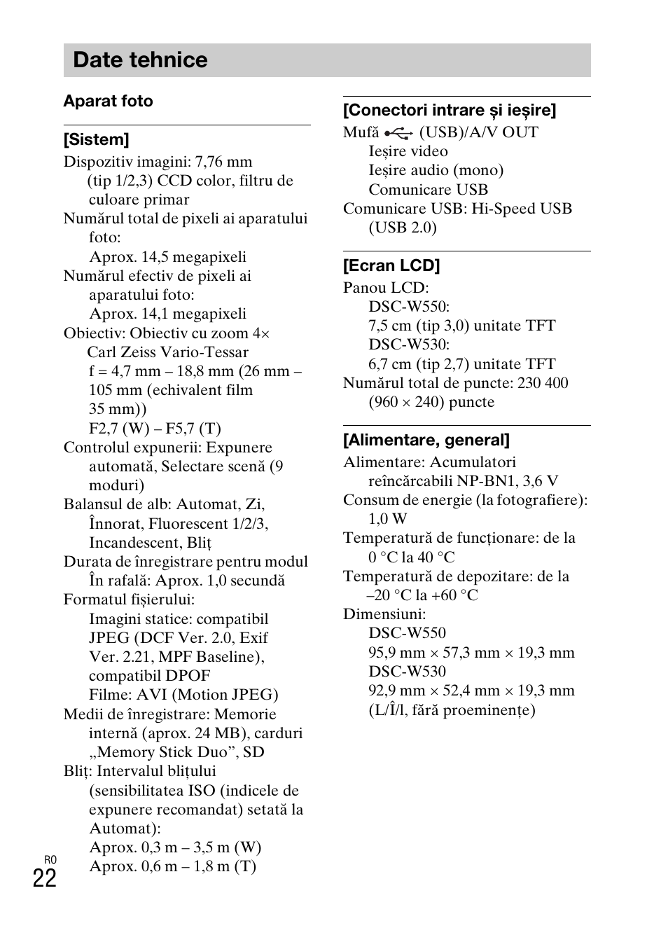 Date tehnice | Sony DSC-W550 User Manual | Page 374 / 427