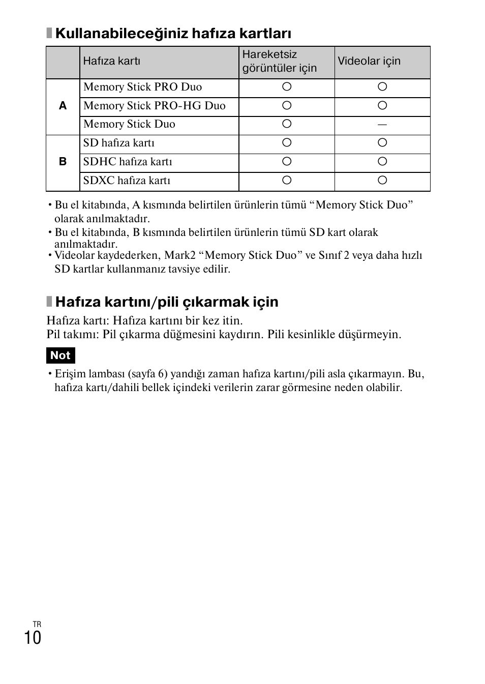 Xkullanabileceğiniz hafıza kartları, Xhafıza kartını/pili çıkarmak için | Sony DSC-W550 User Manual | Page 384 / 427
