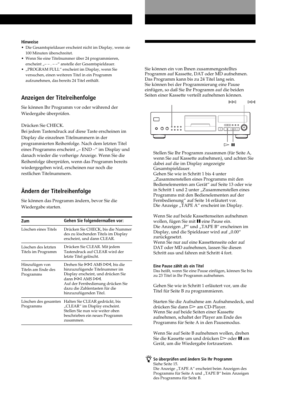 Aufnehmen eines individuellen programms, Aufnehmen von cds, Wiedergeben von cds aufnehmen von cds | Anzeigen der titelreihenfolge, Ändern der titelreihenfolge | Sony CDP-XB630 User Manual | Page 15 / 104