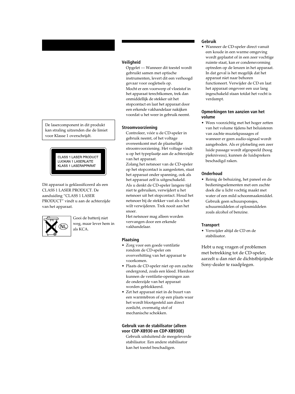 Voorzorgsmaatregelen, Waarschuwing | Sony CDP-XB630 User Manual | Page 21 / 104