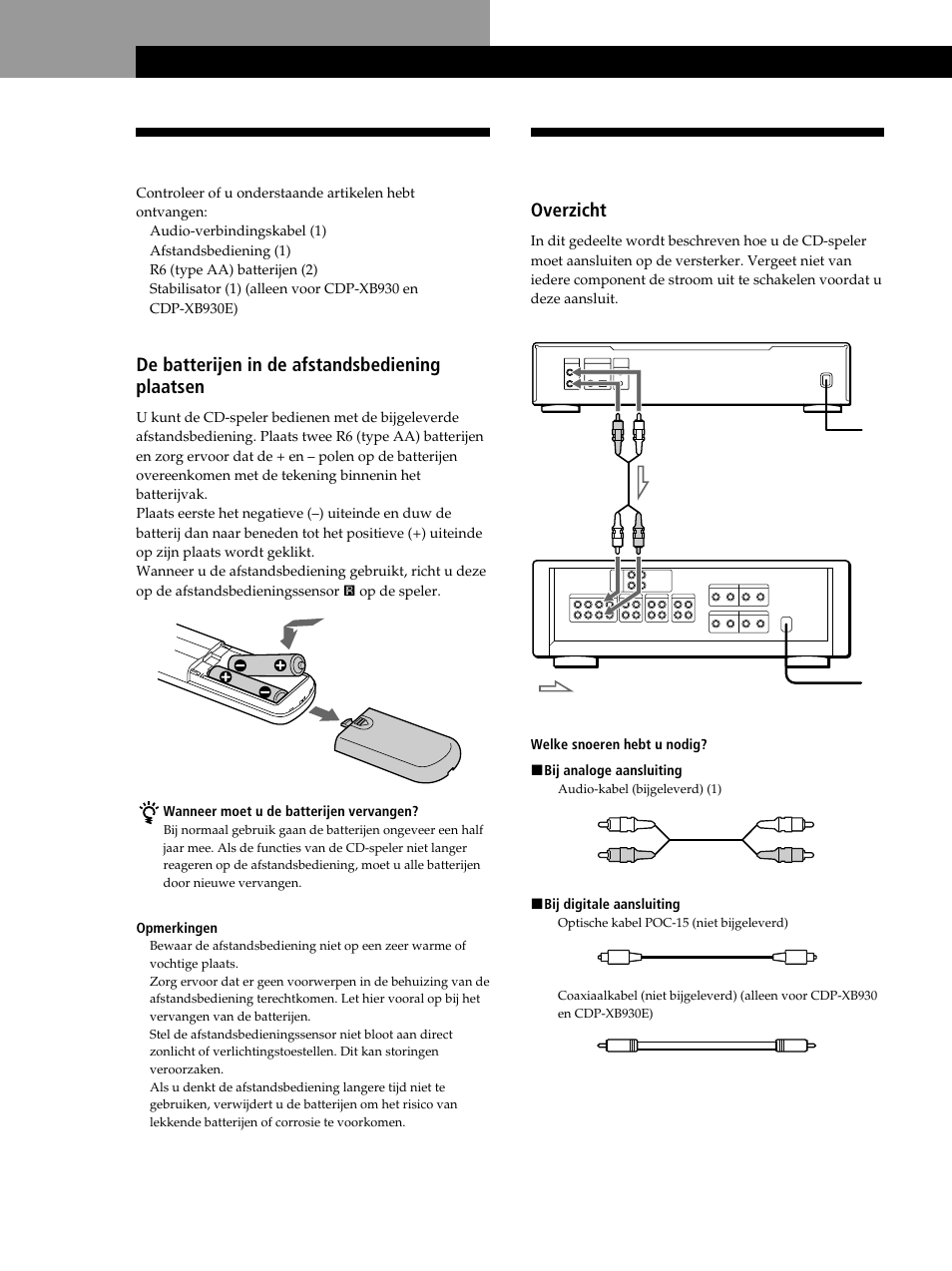 Het apparaat uitpakken, De cd-speler aansluiten, Aan de slag | De batterijen in de afstandsbediening plaatsen, Overzicht | Sony CDP-XB630 User Manual | Page 23 / 104