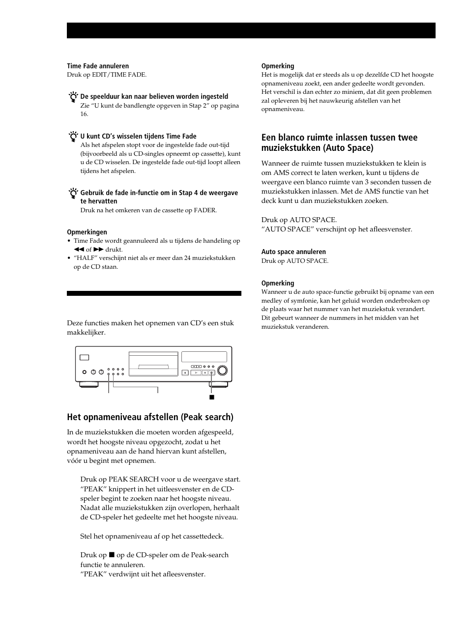 Nuttige tips voor opname, Vanaf een cd opnemen, Het opnameniveau afstellen (peak search) | Sony CDP-XB630 User Manual | Page 37 / 104
