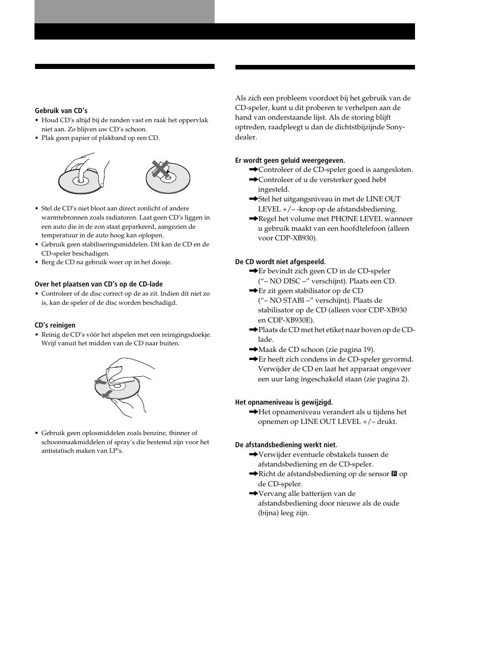 Opmerkingen ten aanzien van cd’s, Storingen verhelpen, Aanvullende informatie | Sony CDP-XB630 User Manual | Page 38 / 104
