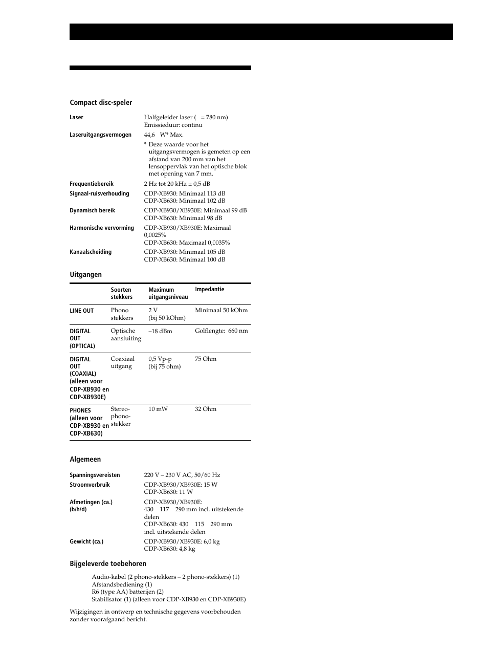 Technische gegevens, Aanvullende informatie | Sony CDP-XB630 User Manual | Page 39 / 104
