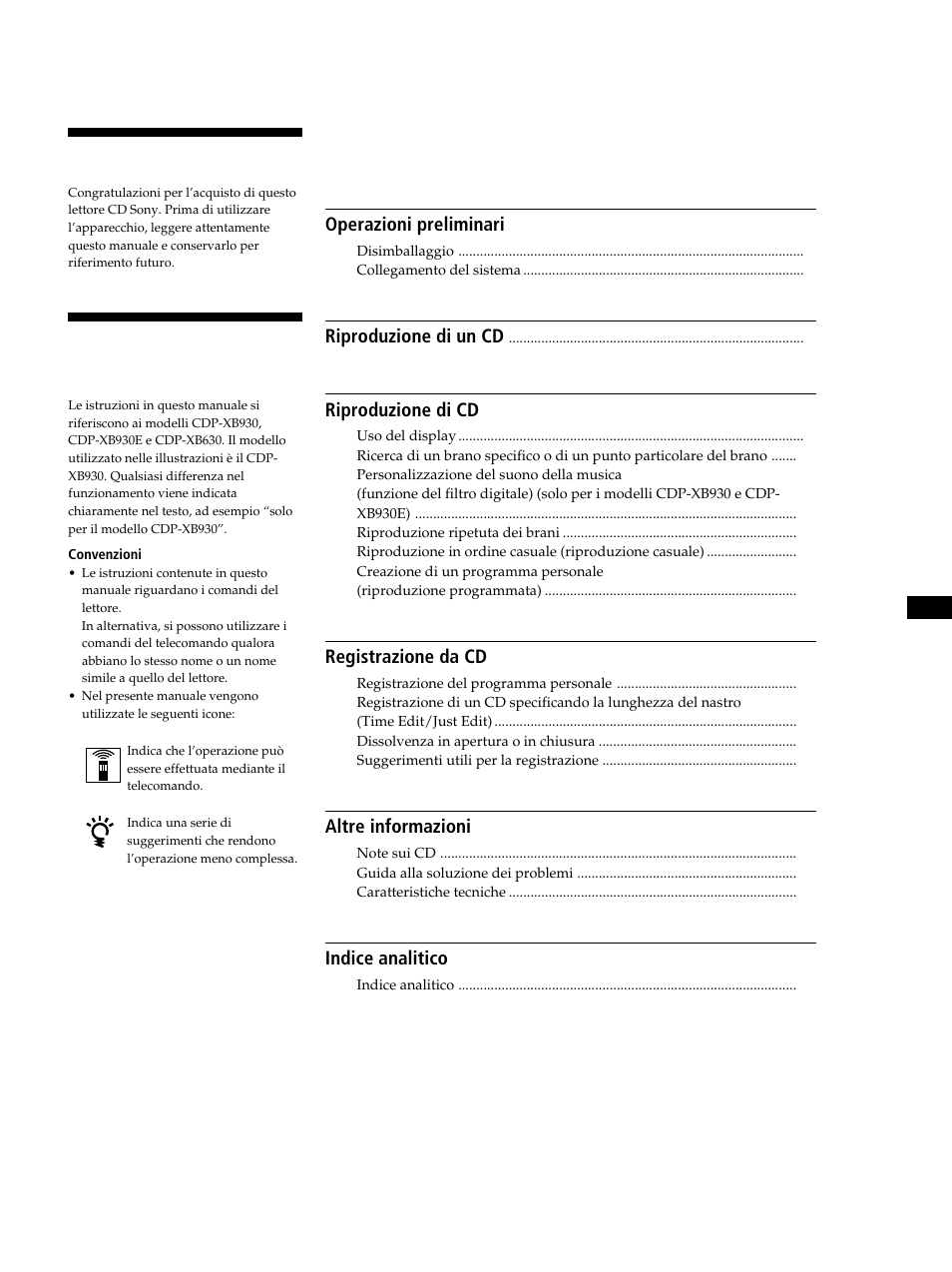 Ndice, Benvenuti, Informazioni sul presente manuale | Sony CDP-XB630 User Manual | Page 42 / 104