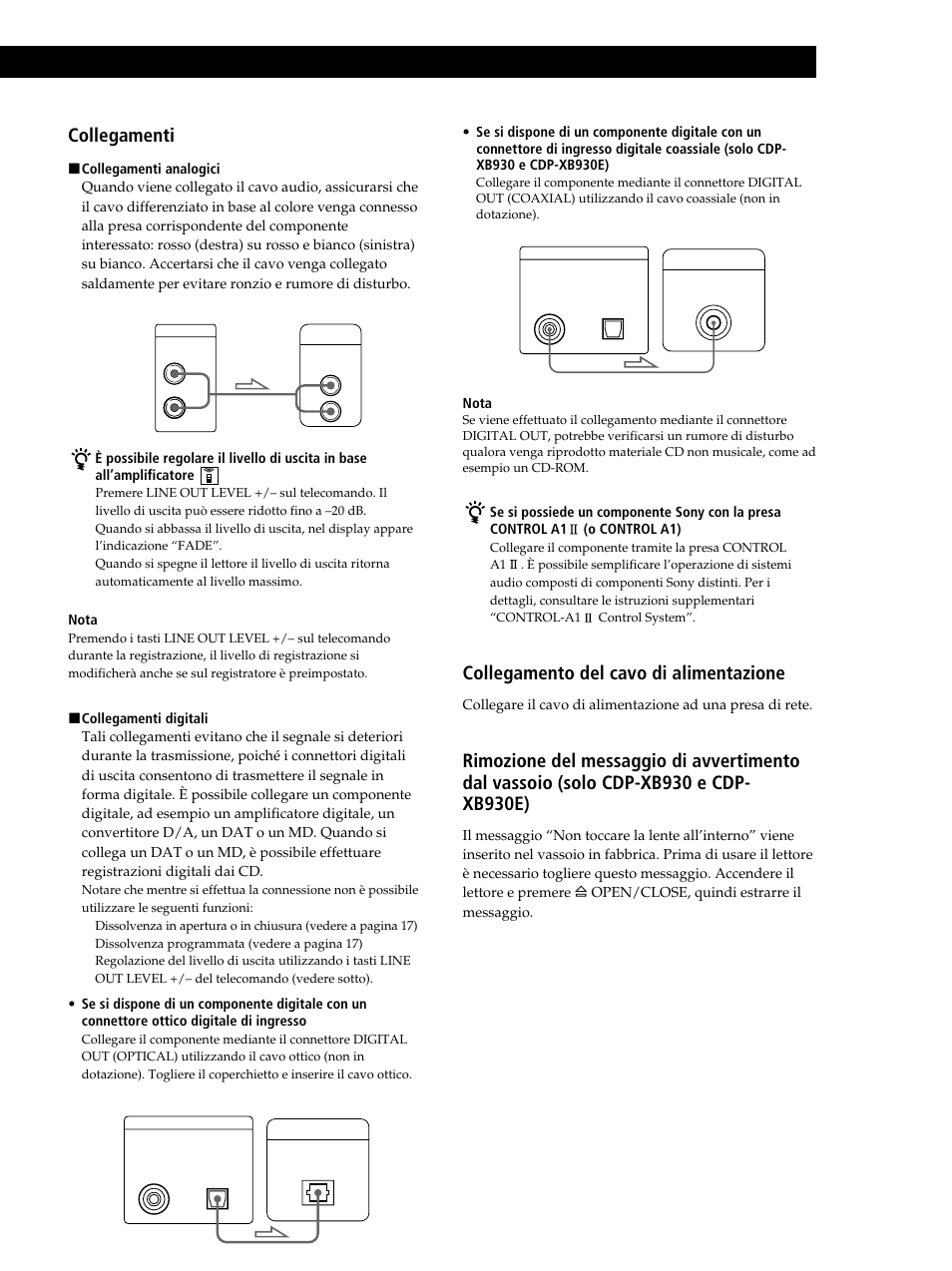 Operazioni preliminari, Collegamenti, Collegamento del cavo di alimentazione | Fase successiva | Sony CDP-XB630 User Manual | Page 44 / 104