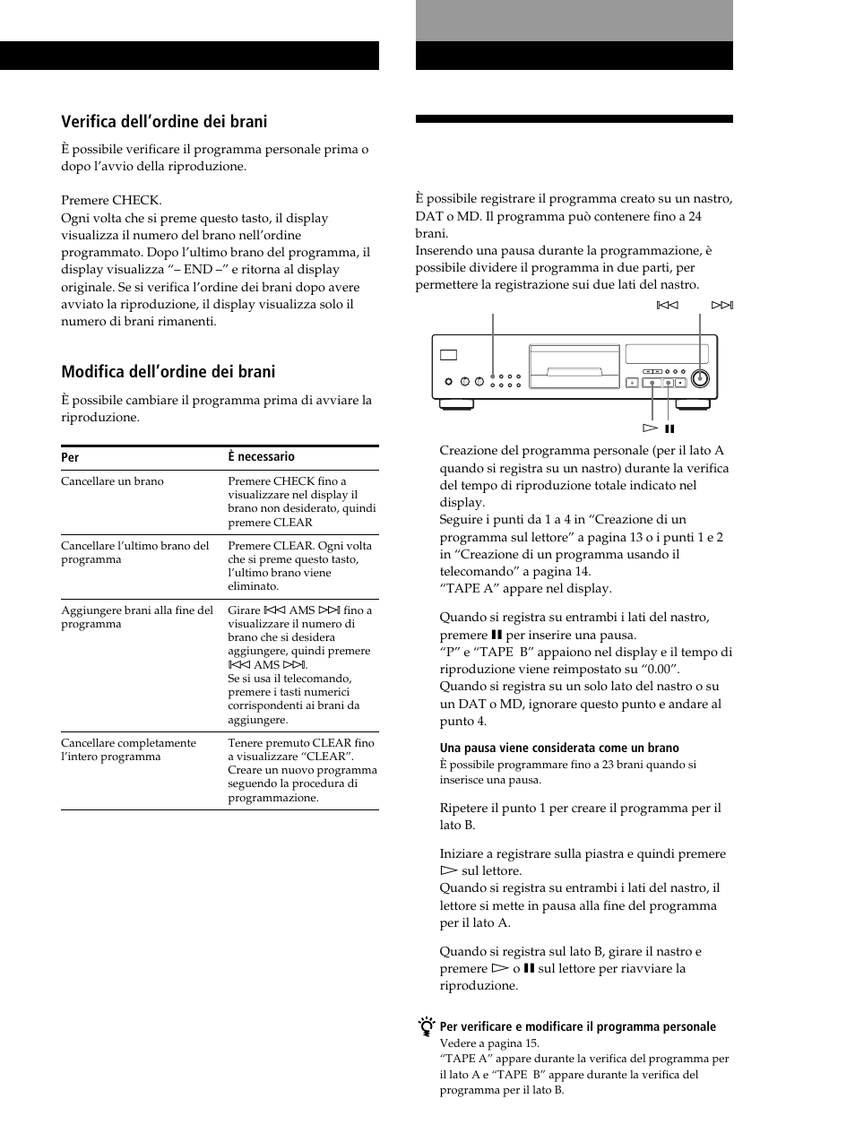 Registrazione del programma personale, Riproduzione di cd, Verifica dell’ordine dei brani | Modifica dell’ordine dei brani, Riproduzione di cd registrazione da cd | Sony CDP-XB630 User Manual | Page 54 / 104