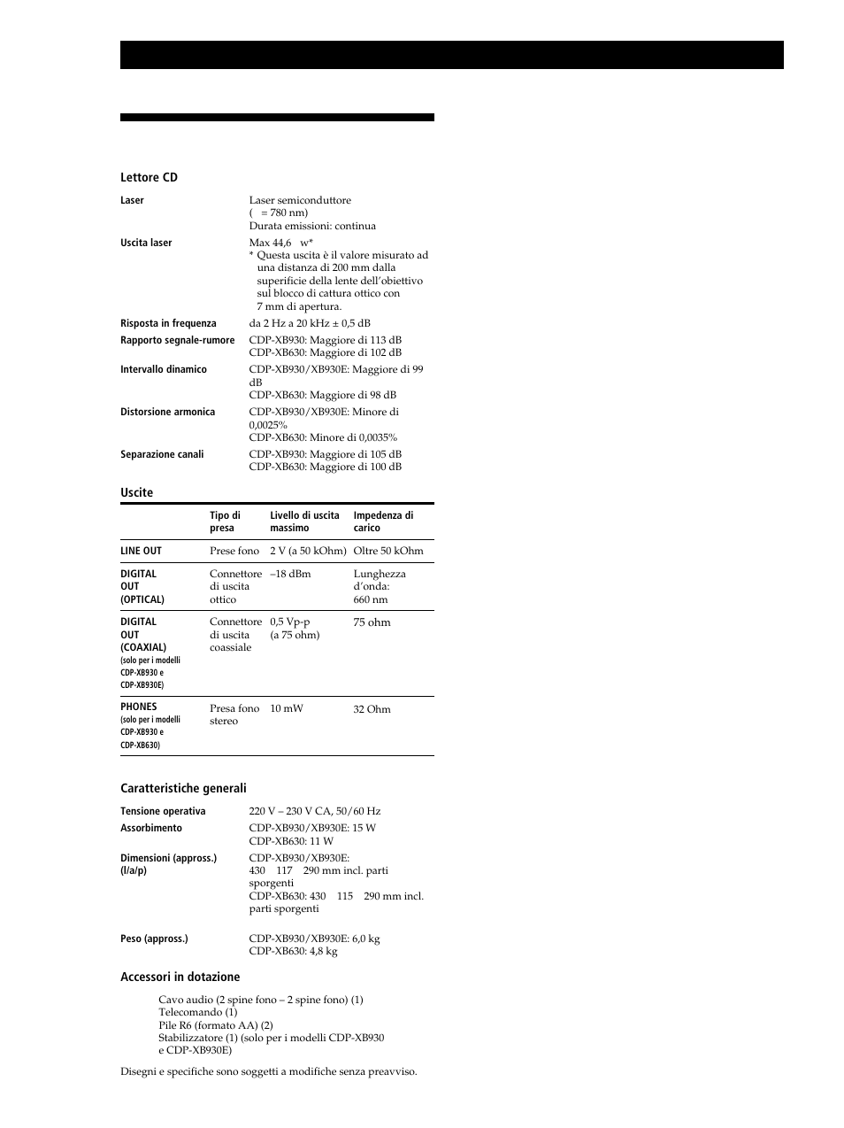 Caratteristiche tecniche, Altre informazioni | Sony CDP-XB630 User Manual | Page 59 / 104