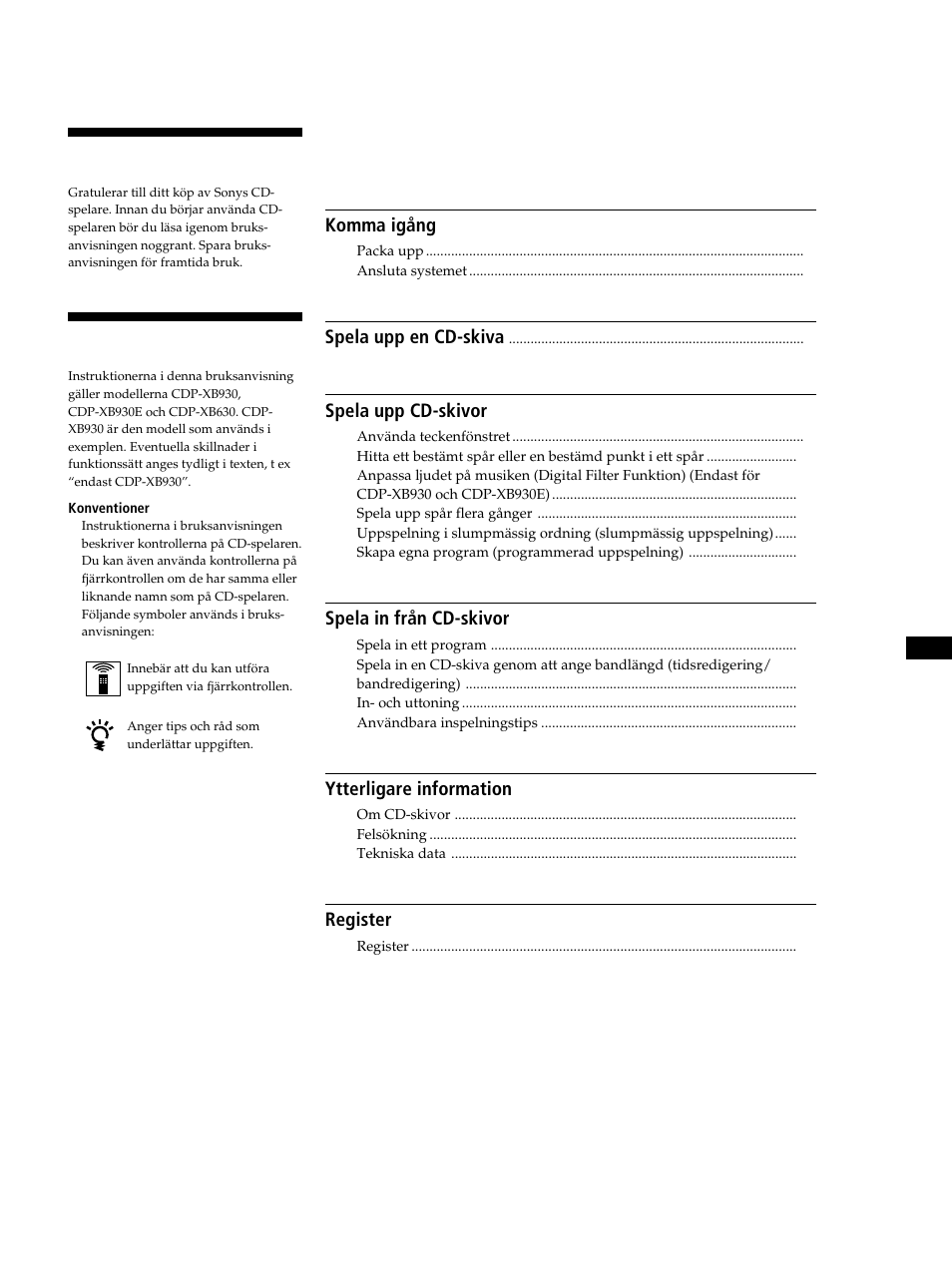 Nnehållsförteckning, Välkommen, Om bruksanvisningen | Sony CDP-XB630 User Manual | Page 62 / 104
