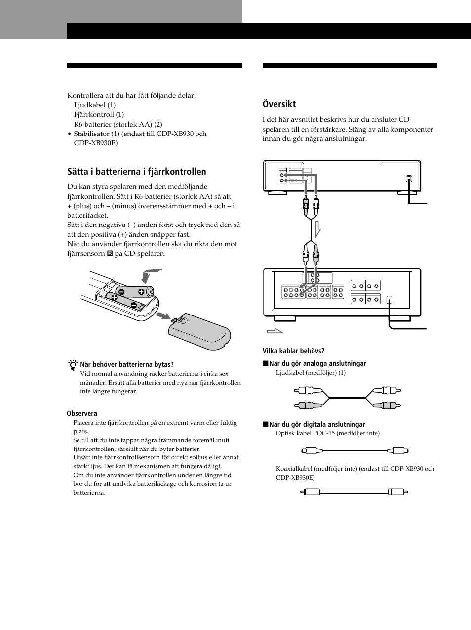 Packa upp, Ansluta systemet, Komma igång | Sätta i batterierna i fjärrkontrollen, Översikt | Sony CDP-XB630 User Manual | Page 63 / 104