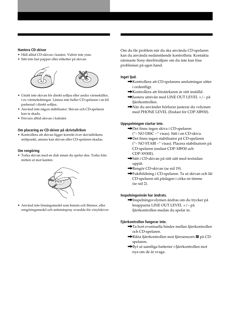 Om cd-skivor, Felsökning, Ytterligare information | Sony CDP-XB630 User Manual | Page 78 / 104