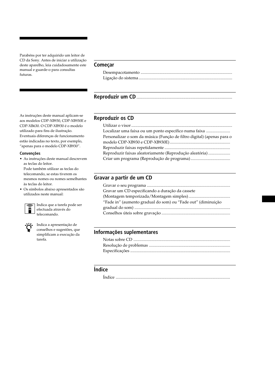 Ndice, Bem-vindo, Acerca deste manual | Sony CDP-XB630 User Manual | Page 82 / 104