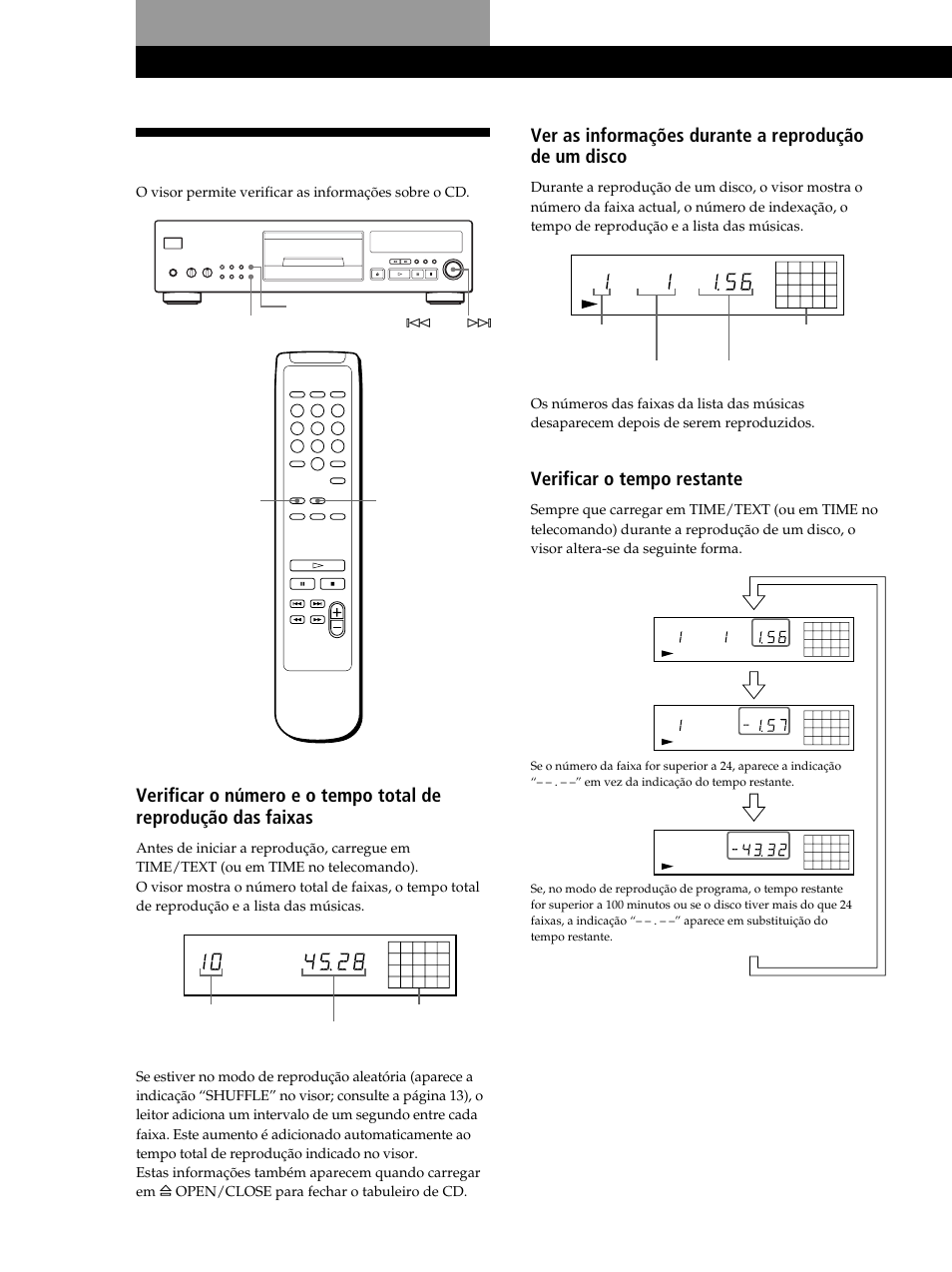 Utilizar o visor, Reproduzir os cd, Verificar o tempo restante | Sony CDP-XB630 User Manual | Page 87 / 104