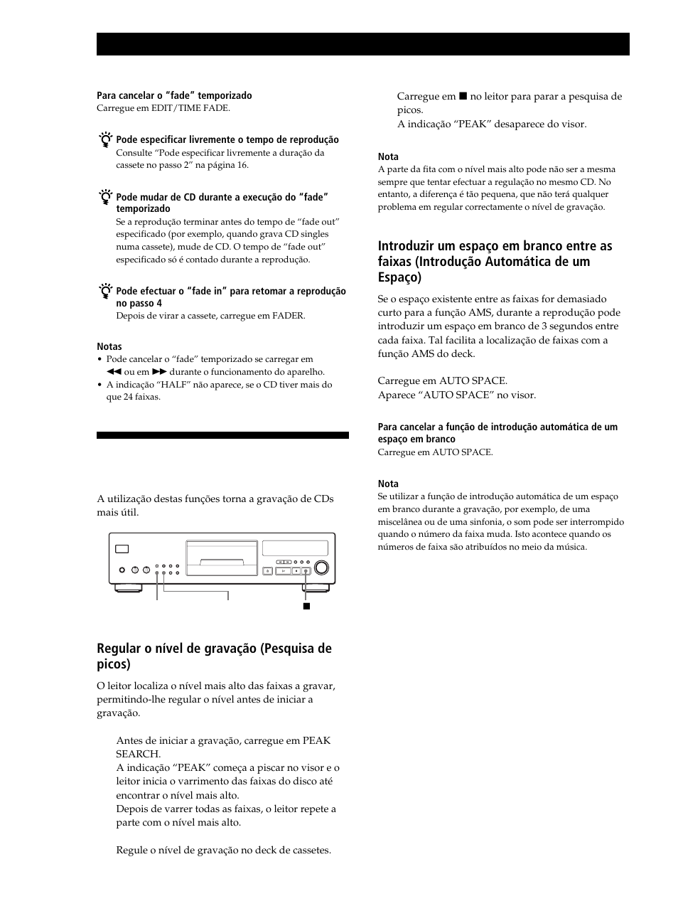 Conselhos úteis sobre gravação, Gravar a partir de um cd, Regular o nível de gravação (pesquisa de picos) | Sony CDP-XB630 User Manual | Page 97 / 104