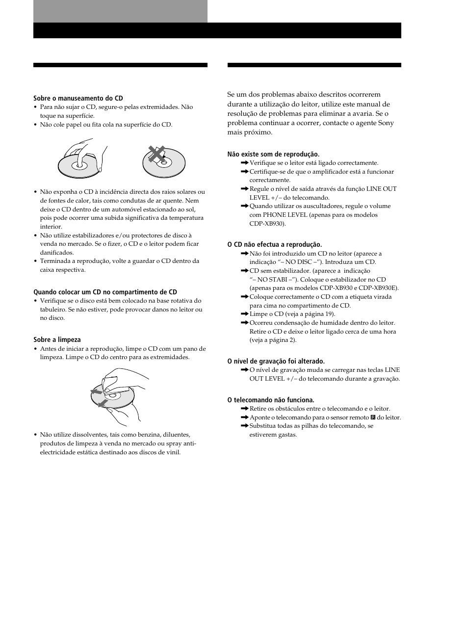 Notas sobre cd, Resolução de problemas, Informações suplementares | Sony CDP-XB630 User Manual | Page 98 / 104