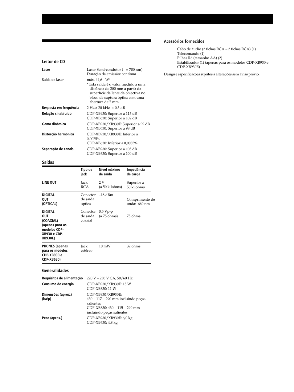 Especificações, Informações suplementares | Sony CDP-XB630 User Manual | Page 99 / 104