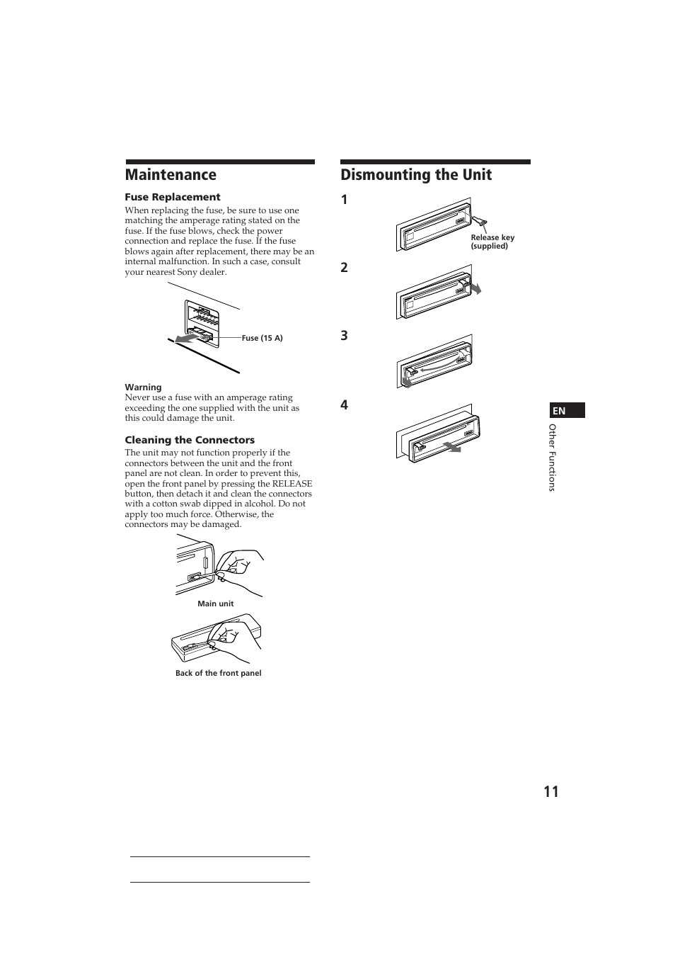 Dismounting the unit, Maintenance | Sony CDX-3002 User Manual | Page 11 / 61
