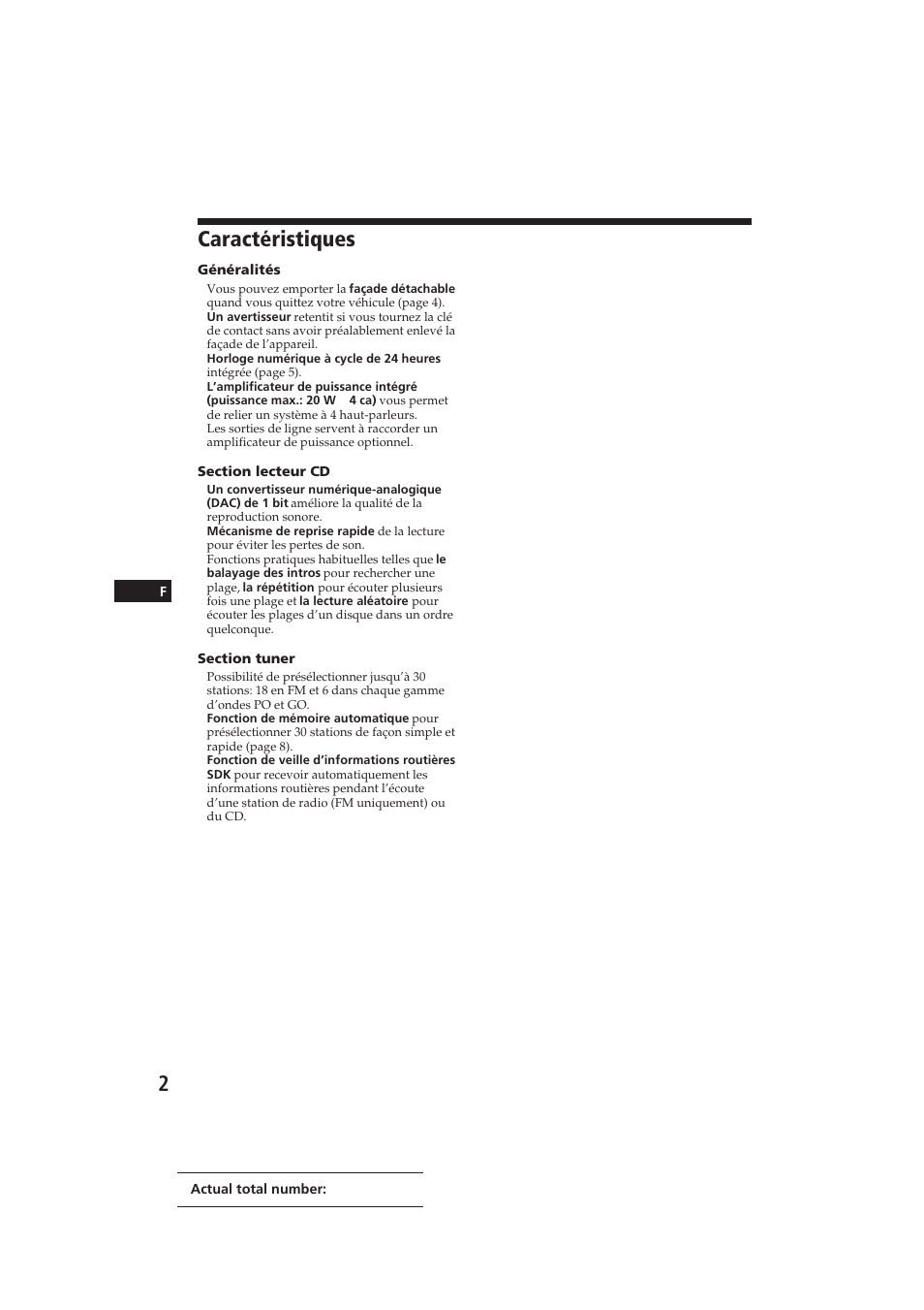 Caractéristiques | Sony CDX-3002 User Manual | Page 16 / 61