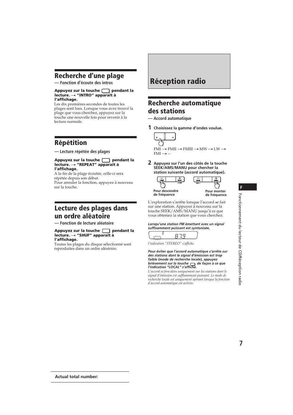 Réception radio, Recherche automatique des stations, Recherche d’une plage | Répétition, Lecture des plages dans un ordre aléatoire | Sony CDX-3002 User Manual | Page 21 / 61