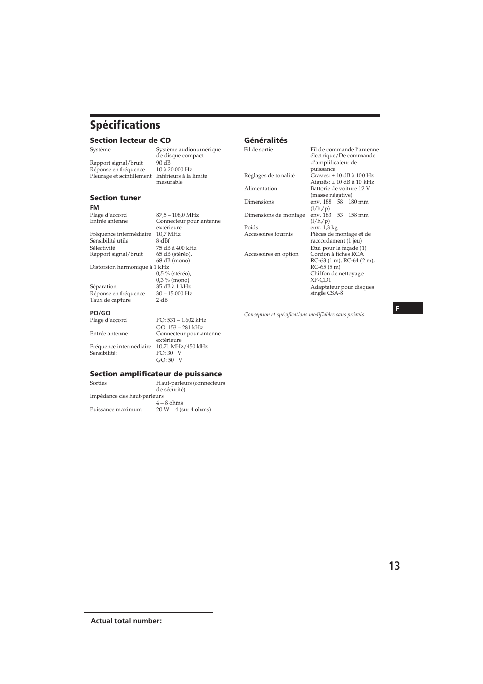 Spécifications | Sony CDX-3002 User Manual | Page 27 / 61