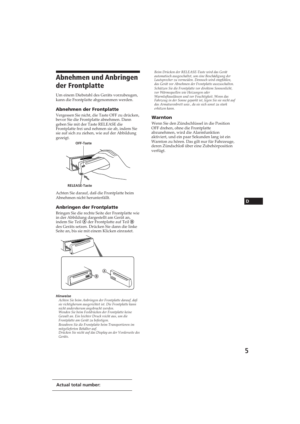 Abnehmen und anbringen der frontplatte | Sony CDX-3002 User Manual | Page 35 / 61