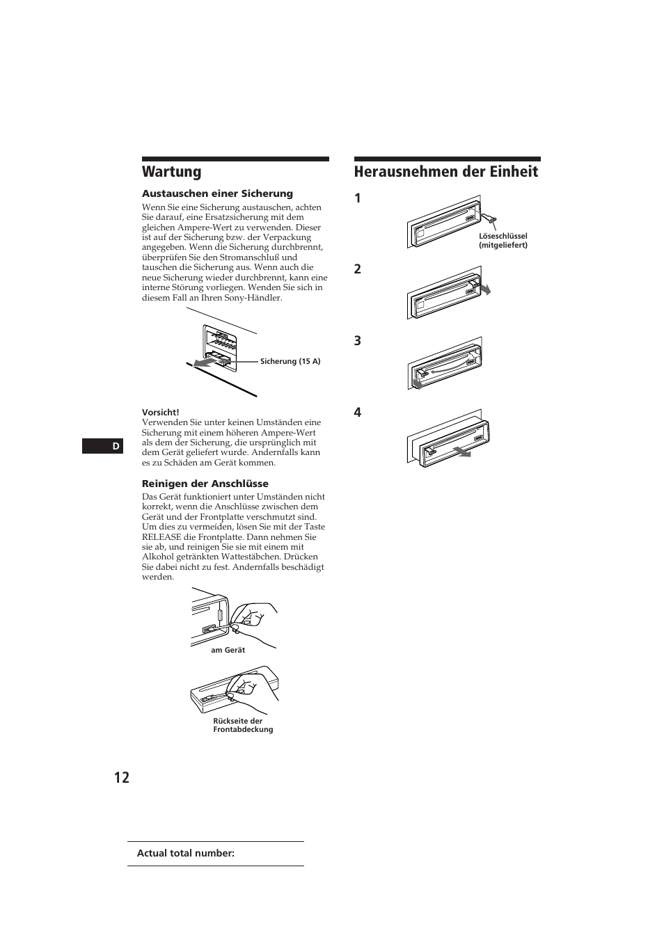 Wartung, Herausnehmen der einheit | Sony CDX-3002 User Manual | Page 42 / 61