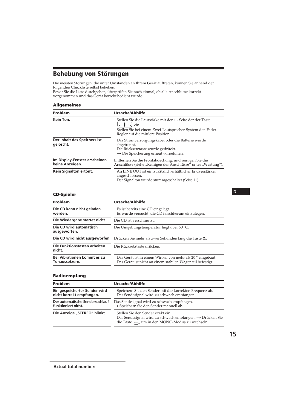 Behebung von störungen | Sony CDX-3002 User Manual | Page 45 / 61