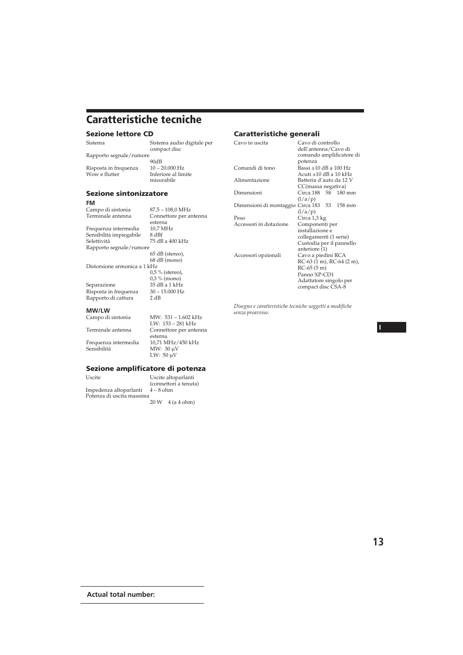 Caratteristiche tecniche | Sony CDX-3002 User Manual | Page 58 / 61