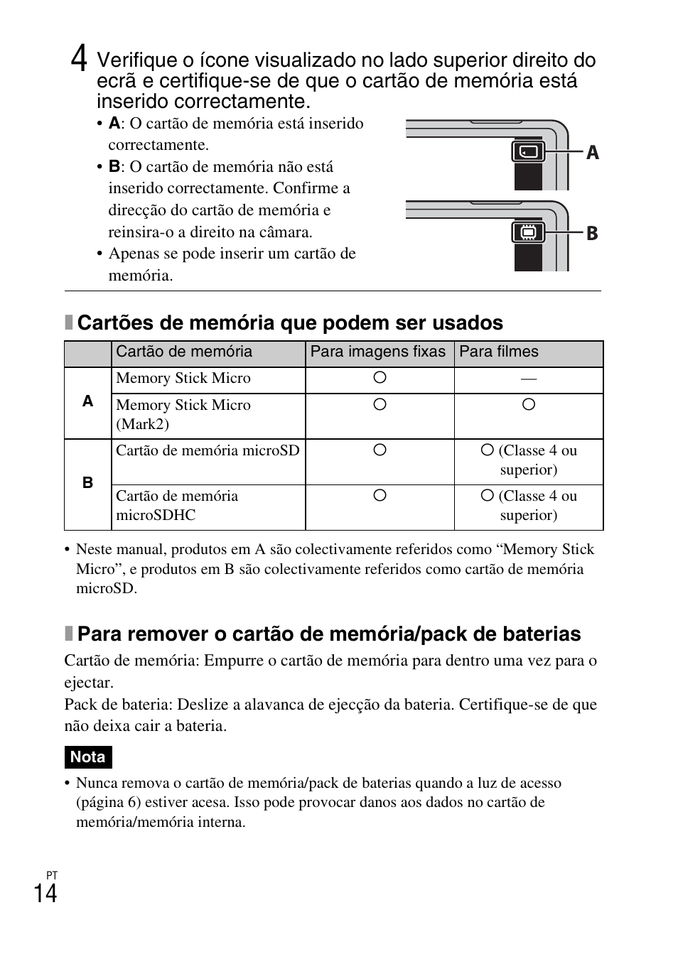 Xcartões de memória que podem ser usados, Xpara remover o cartão de memória/pack de baterias | Sony DSC-TX77 User Manual | Page 132 / 551