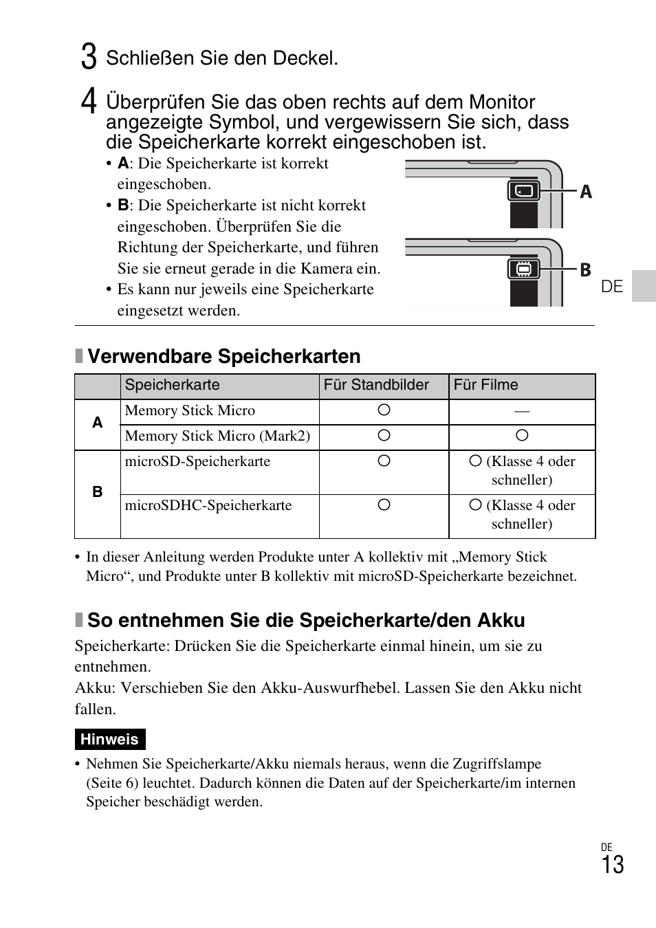 Xverwendbare speicherkarten, Xso entnehmen sie die speicherkarte/den akku, Schließen sie den deckel | Sony DSC-TX77 User Manual | Page 161 / 551