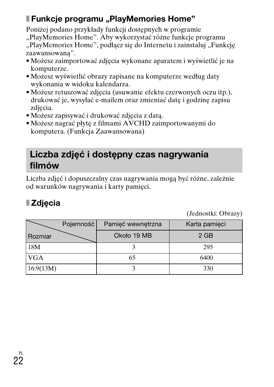 Liczba zdjęć idostępny czas nagrywania filmów, Liczba zdjęć i dostępny czas nagrywania filmów, Xzdjęcia | Sony DSC-TX77 User Manual | Page 226 / 551