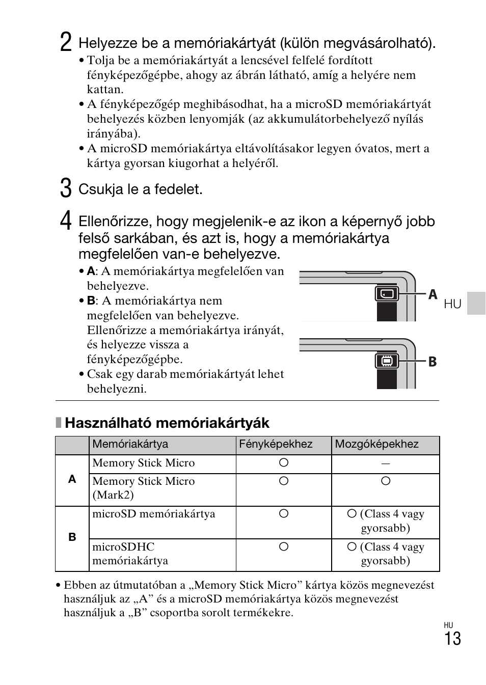 Xhasználható memóriakártyák, Csukja le a fedelet | Sony DSC-TX77 User Manual | Page 273 / 551
