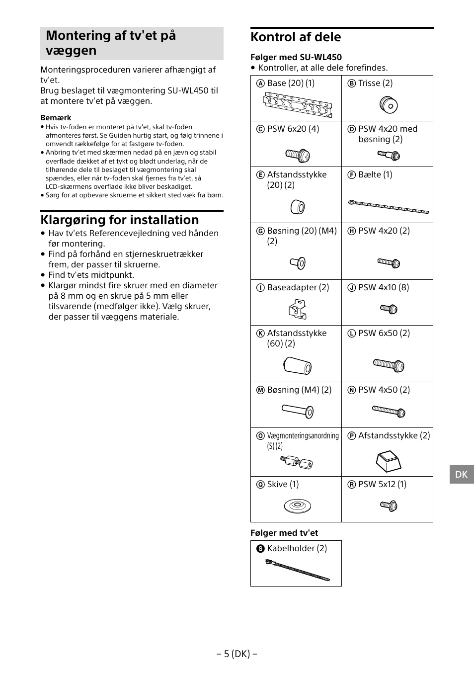 Montering af tv'et på væggen, Klargøring for installation, Kontrol af dele | Sony KDL-40R453B User Manual | Page 104 / 321