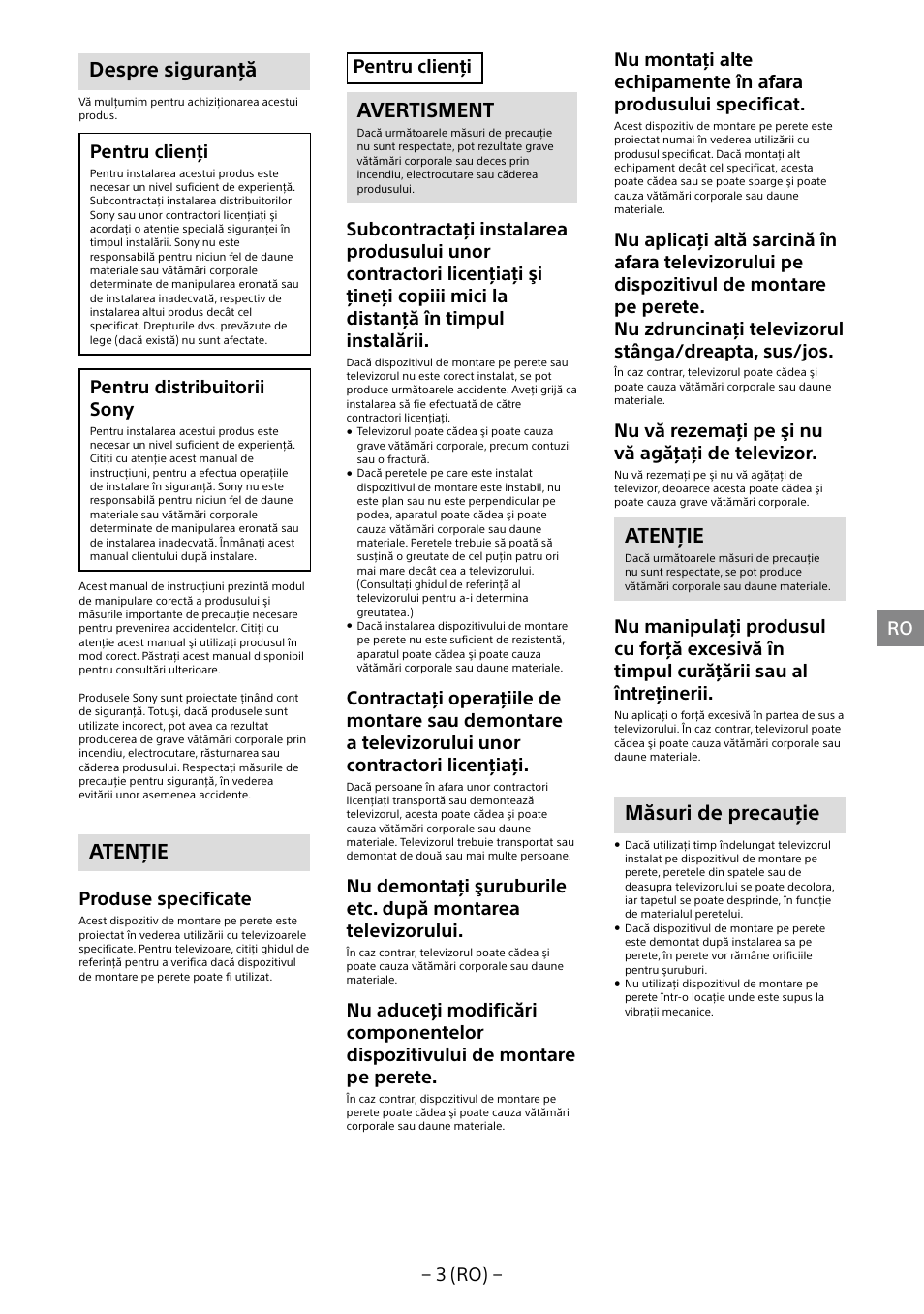 Despre siguranţă, Atenţie, Avertisment | Măsuri de precauţie, 3 (ro), Pentru clienţi, Pentru distribuitorii sony, Produse specificate, Nu vă rezemaţi pe şi nu vă agăţaţi de televizor | Sony KDL-40R453B User Manual | Page 190 / 321