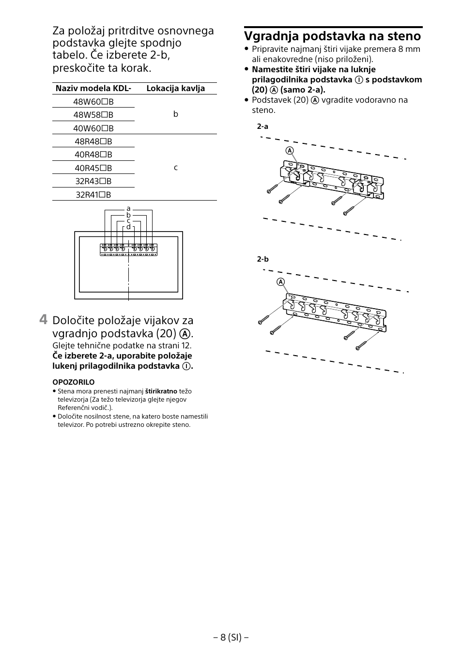 Vgradnja podstavka na steno | Sony KDL-40R453B User Manual | Page 273 / 321