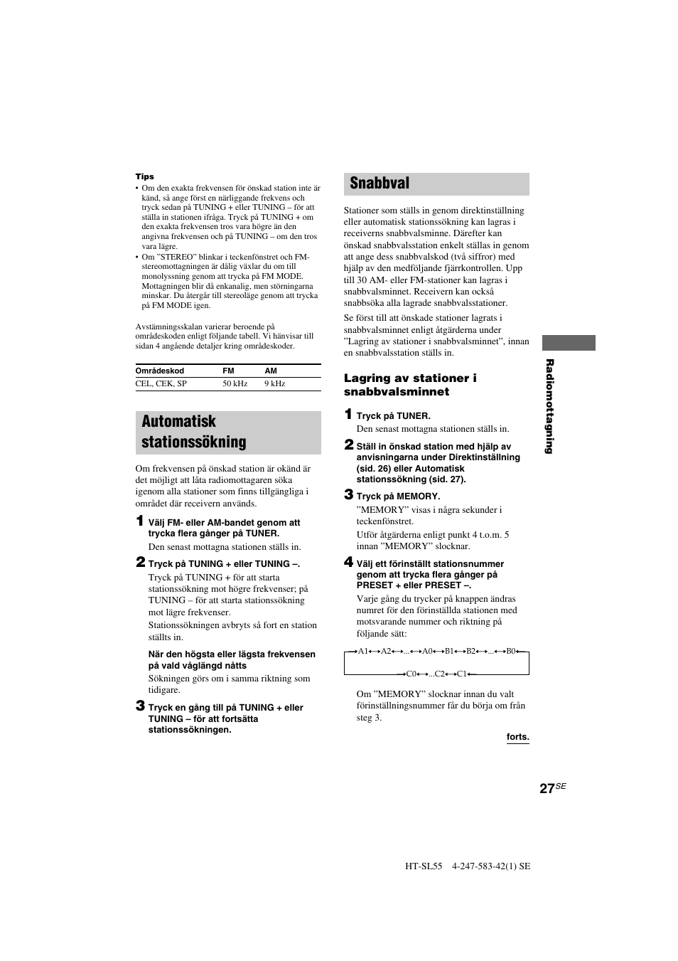 Automatisk stationssökning, Snabbval | Sony HT-SL40 User Manual | Page 113 / 216