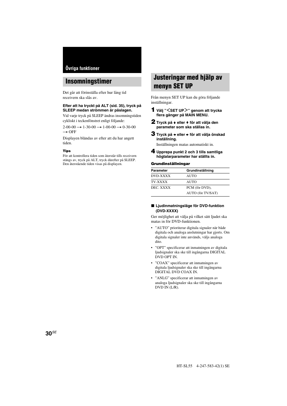 Insomningstimer, Justeringar med hjälp av menyn set up | Sony HT-SL40 User Manual | Page 116 / 216