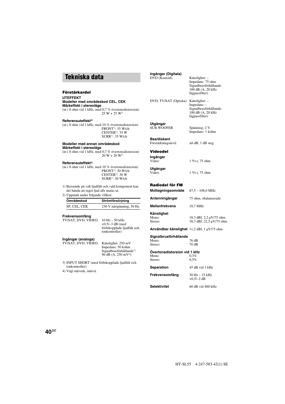Tekniska data | Sony HT-SL40 User Manual | Page 126 / 216