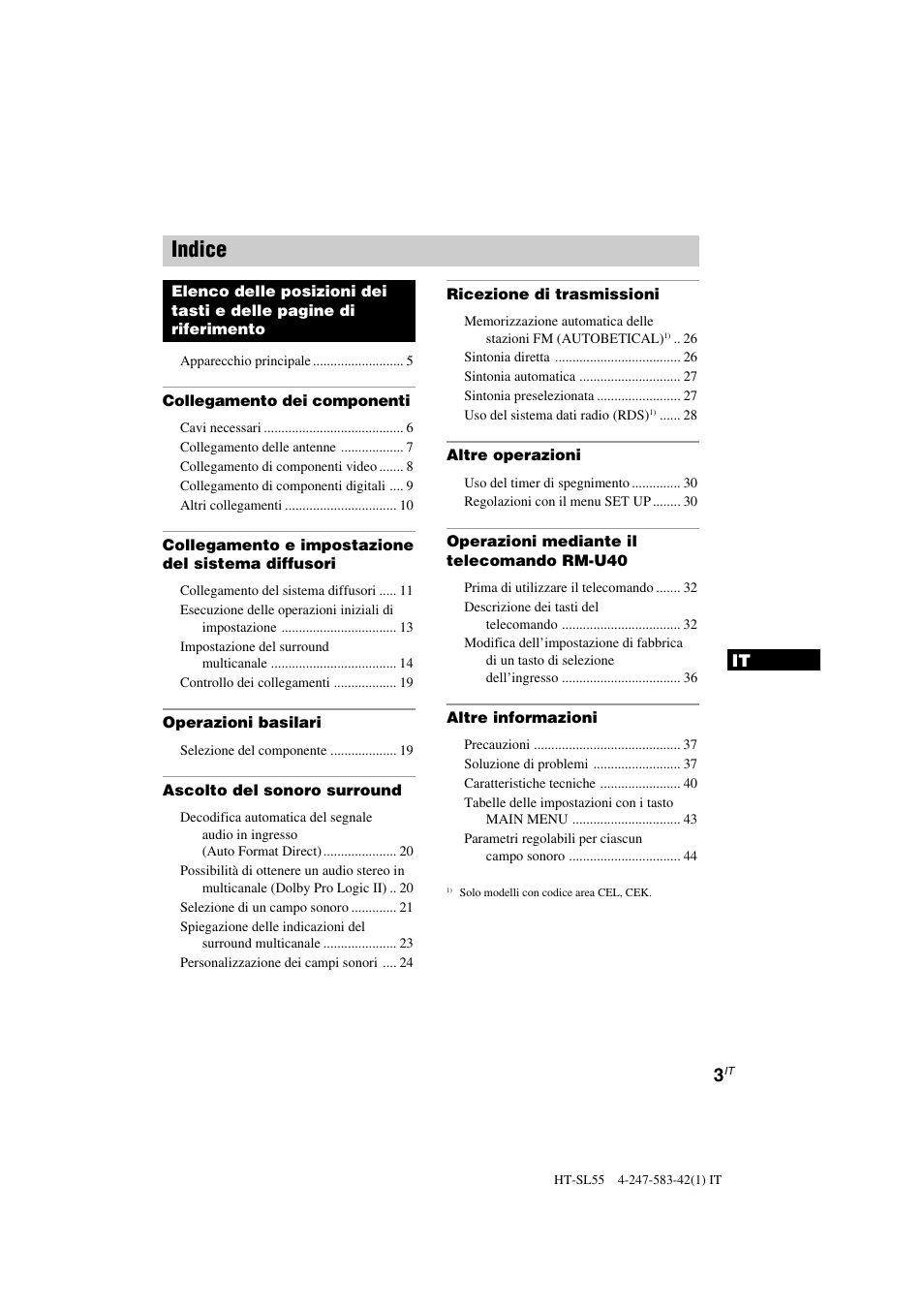 Indice | Sony HT-SL40 User Manual | Page 132 / 216