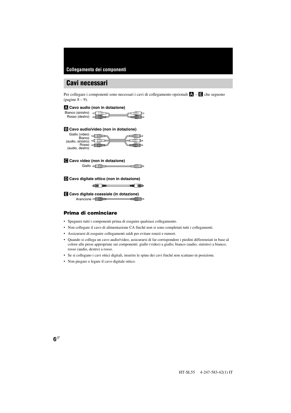 Cavi necessari | Sony HT-SL40 User Manual | Page 135 / 216